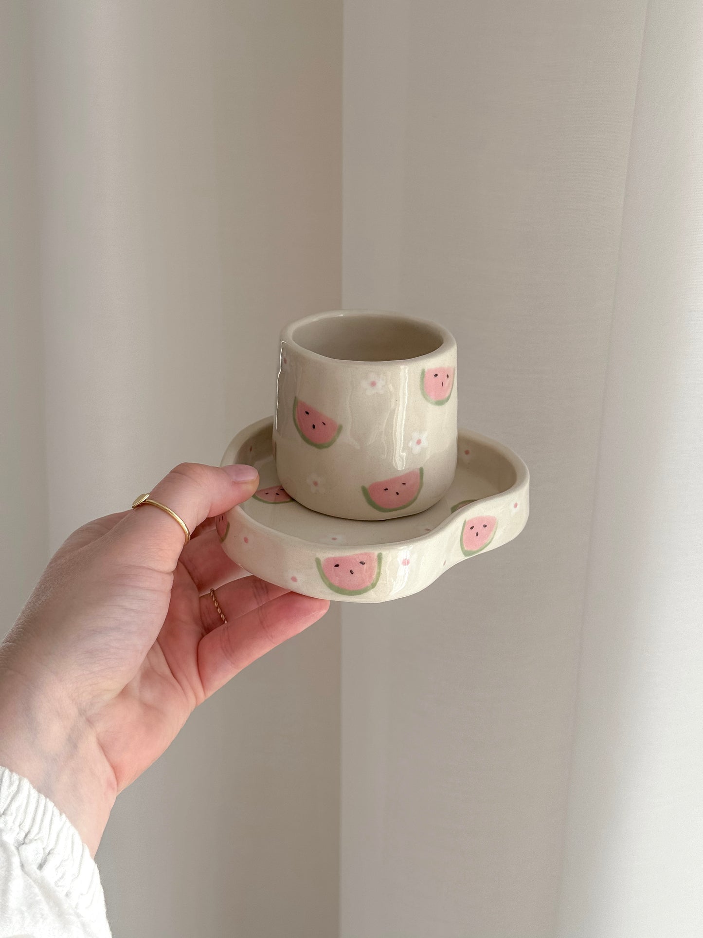 Espresso set with watermelons and flowers