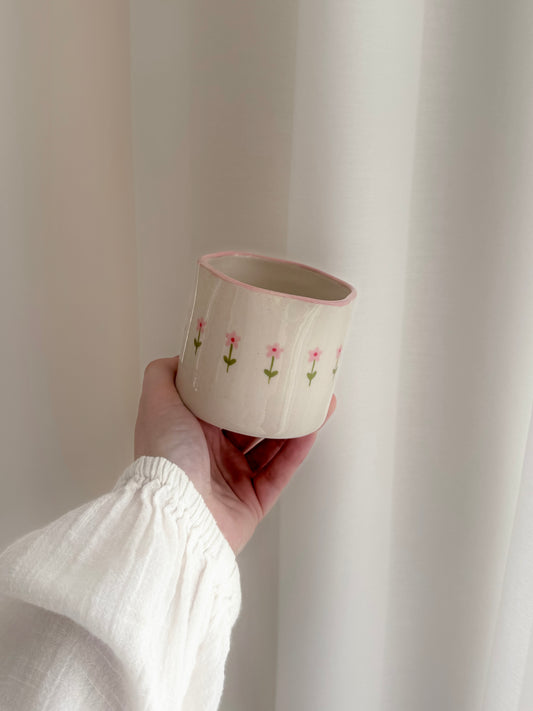 Cup with small pink flowers