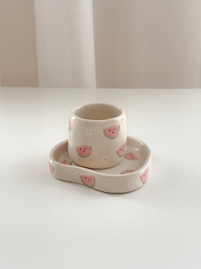 Espresso set with watermelons and flowers