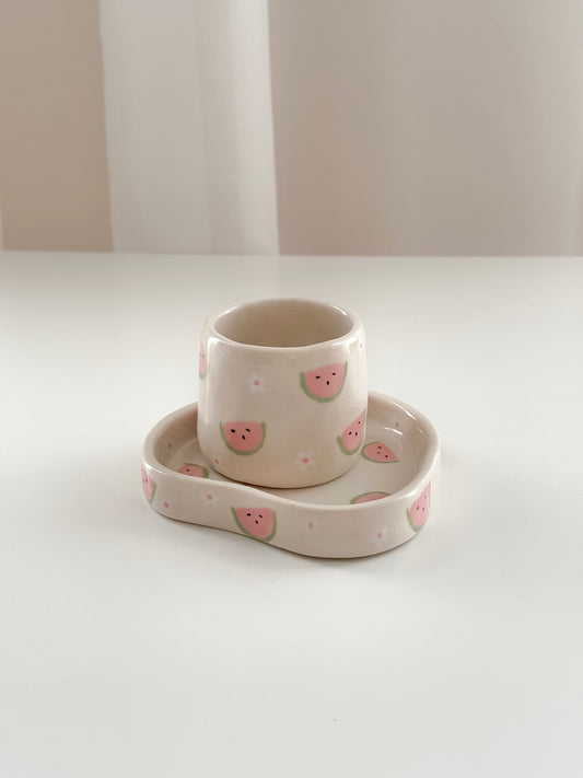 Espresso set with watermelons and flowers